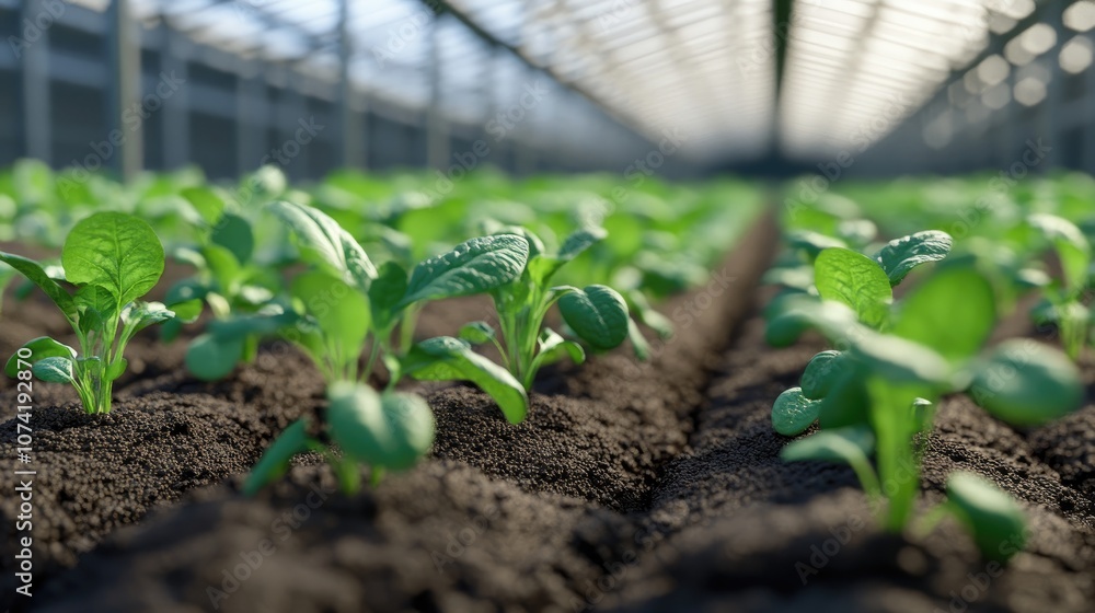 3D rendering of a modern industrial greenhouse featuring young vegetable seedlings thriving in rich soil 3D rendering of a modern industrial greenhouse featuring young vegetable seedlings thriving in rich soil