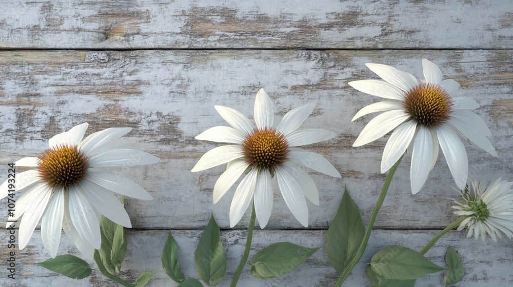Obraz premium 3D rendering of white echinacea flowers Puff Vanilla variety set against a wooden board background