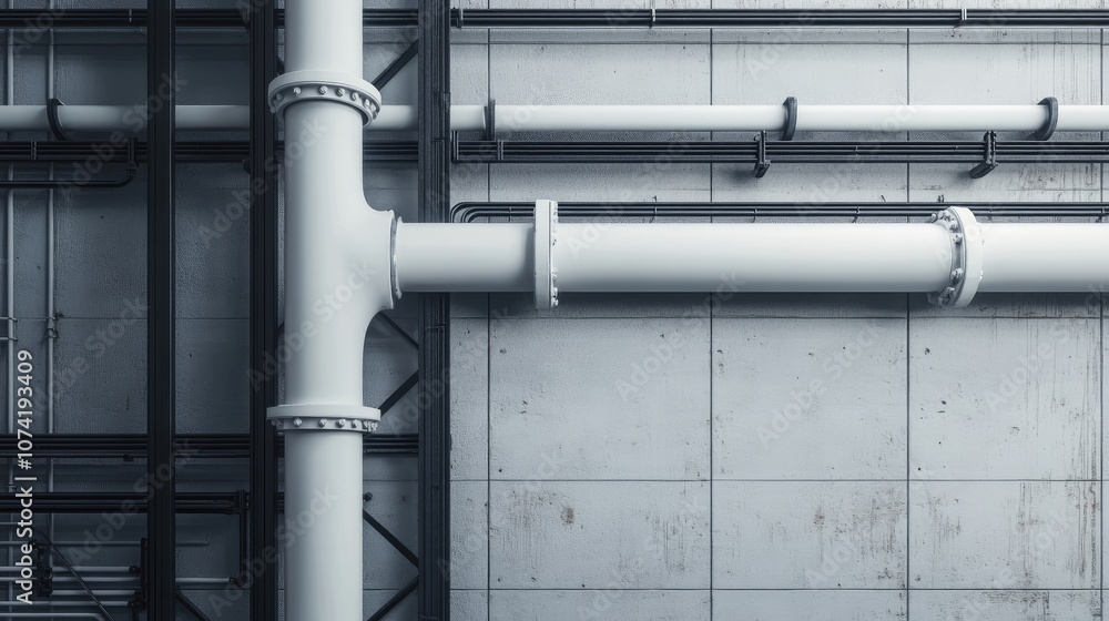 3D rendering of a white factory wall featuring a white pipe and black steel elements 3D rendering of a white factory wall featuring a white pipe and black steel elements