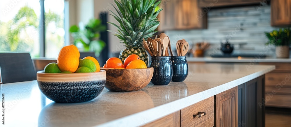 A kitchen counter with a bowl of fruit, a pineapple, wooden utensils in a jar, and a wooden cabinet. A kitchen counter with a bowl of fruit, a pineapple, wooden utensils in a jar, and a wooden cabinet.