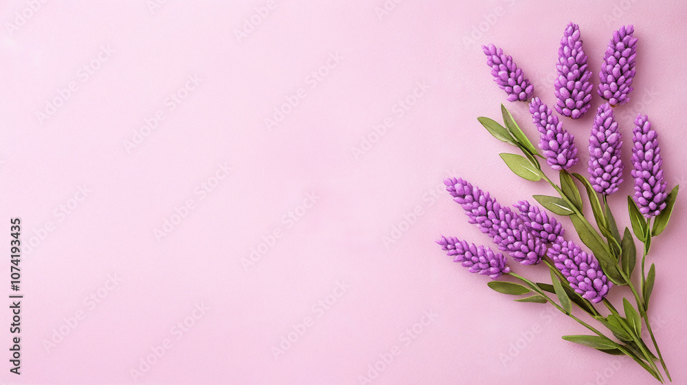 A delicate arrangement of purple flowers and green leaves on a soft pink background showcasing nature's beauty and vibrant colors A delicate arrangement of purple flowers and green leaves on a soft pink background showcasing nature's beauty and vibrant colors