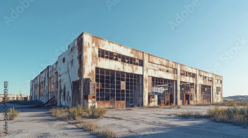 3D rendering of an abandoned factory facade under a clear blue sky Dilapidated structure