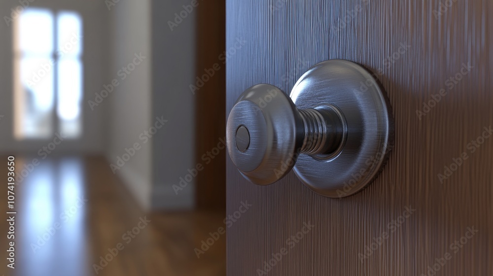 3D rendering of a close up view of a door lock on an opened door with a knob on a wooden surface 3D rendering of a close up view of a door lock on an opened door with a knob on a wooden surface