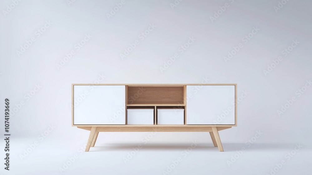 3D rendering of a white wooden TV stand and bureau with storage boxes Modern designer commode displayed against a white background showcasing a series of furniture