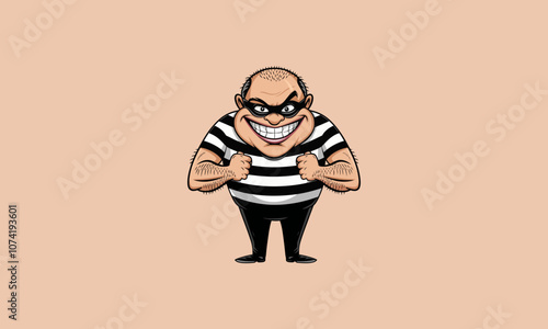 Grinning cartoon burglar with striped shirt, arms crossed.