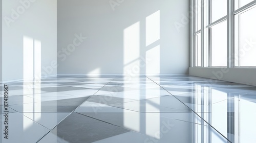 3D rendering of a modern interior featuring a grey geometric tile floor where sleek silver squares form a clean reflective backdrop blending industrial chic with creative design