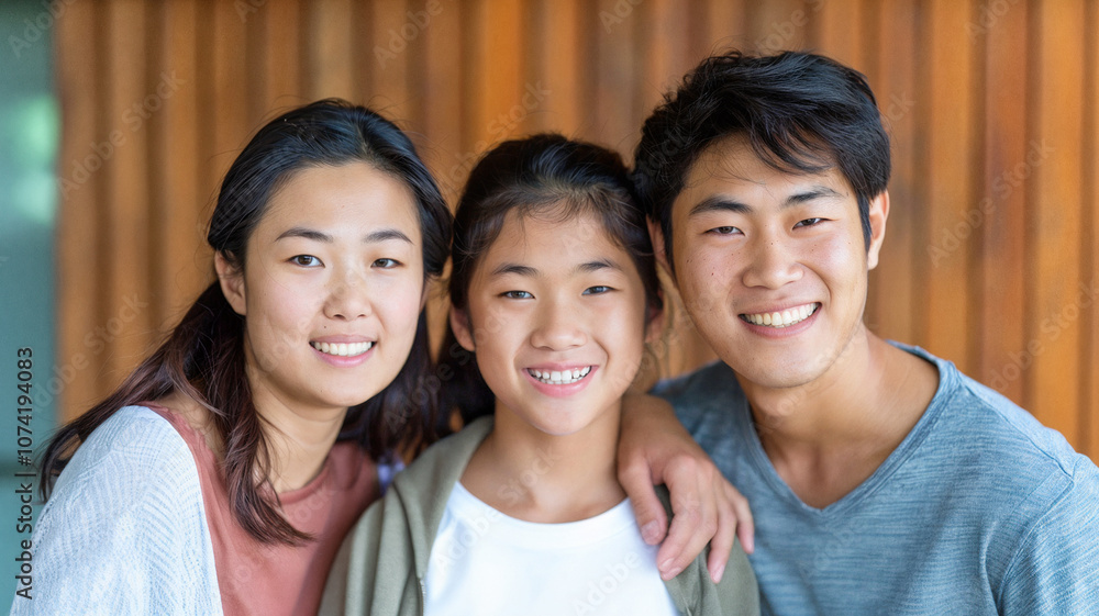 Three Asian siblings smiling together with arms around each other in a warm, outdoor setting, showcasing family bond, happiness, and connection Three Asian siblings smiling together with arms around each other in a warm, outdoor setting, showcasing family bond, happiness, and connection