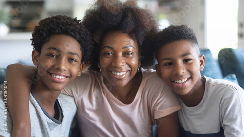 African American mother with her two sons, all smiling warmly together indoors, expressing love, happiness, and family unity in a cozy home setting