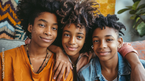 Three African American siblings sitting together indoors, smiling with arms around each other, showing warmth, connection, and family bond in a cozy and vibrant setting photo