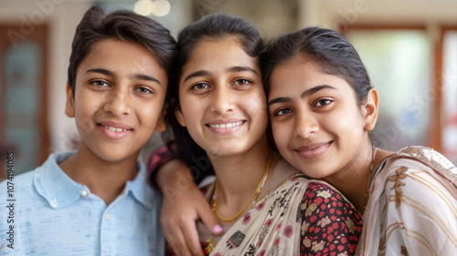 Three Indian siblings smiling closely together indoors, showing warmth, connection, and family bond in a traditional setting