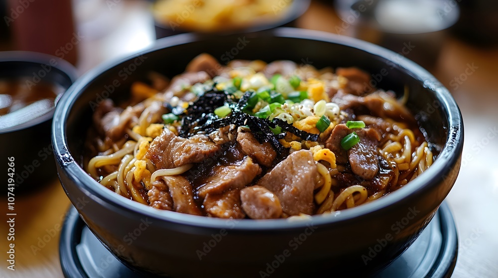A bowl of jjajangmyeon, noodles served with a thick black bean sauce, pork, and vegetables.
A bowl of jjajangmyeon, noodles served with a thick black bean sauce, pork, and vegetables.