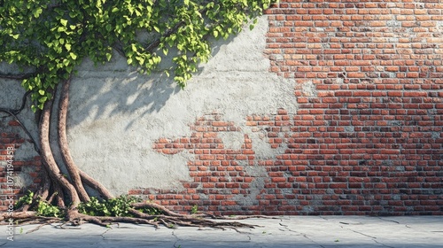 Fototapeta Naklejka Na Ścianę i Meble -  3D rendering of a damaged red brick wall with tree roots visible