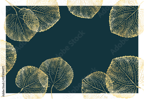 Decorative aspen leaf design frame. Gold leaf background pattern with rich colors.