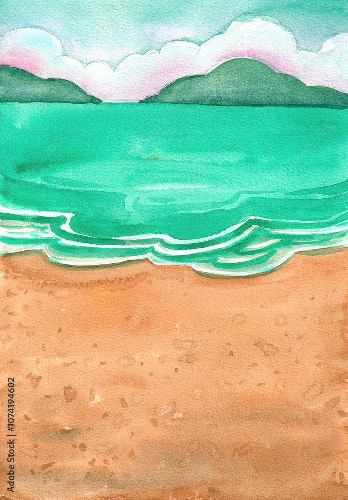 Obraz premium Hand-drawn Beach and Ocean with Mountain Landscape Watercolor