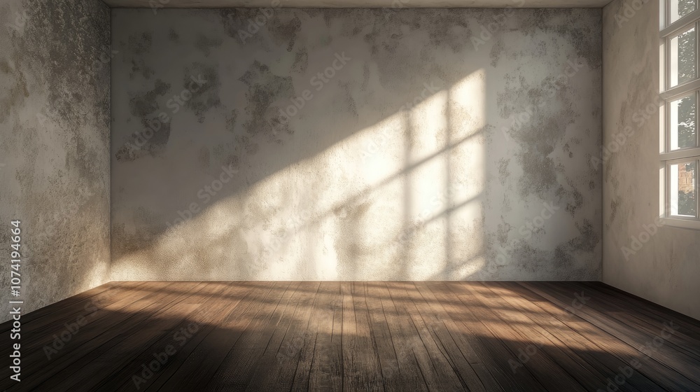 3D rendering of an empty room featuring a weathered white concrete wall and a dark brown wooden floor illuminated from above 3D rendering of an empty room featuring a weathered white concrete wall and a dark brown wooden floor illuminated from above