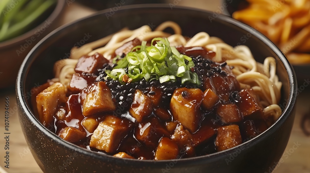 A bowl of jjajangmyeon, noodles served with a thick black bean sauce, pork, and vegetables.
A bowl of jjajangmyeon, noodles served with a thick black bean sauce, pork, and vegetables.