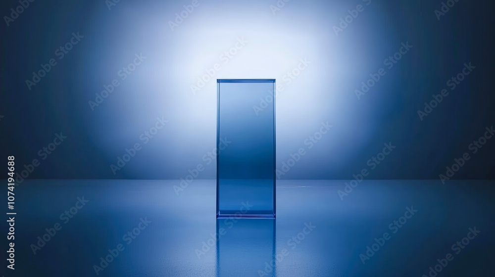 A tall, translucent blue object stands against a softly illuminated blue backdrop, creating an ambiance of calm and sophistication, Ideal for use in design projects, UI backgrounds A tall, translucent blue object stands against a softly illuminated blue backdrop, creating an ambiance of calm and sophistication, Ideal for use in design projects, UI backgrounds