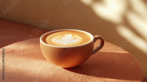 3D rendering of a cappuccino in a stylish cup with frothy milk art on top photo