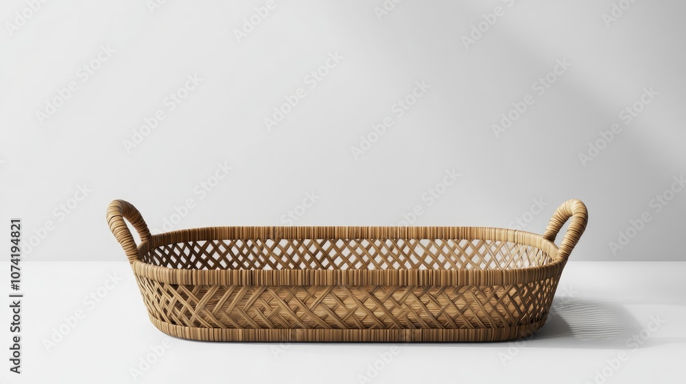 3D rendering of a traditional ethnic artistic brown wooden handmade bamboo rattan basket container tray for home interior decoration on a white isolated background 3D rendering of a traditional ethnic artistic brown wooden handmade bamboo rattan basket container tray for home interior decoration on a white isolated background