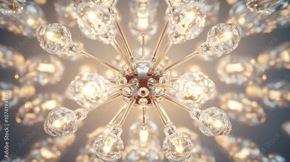 3D rendering of an elegant crystal chandelier viewed from below suspended from the ceiling in a living room radiating white light from electric bulbs in a twilight setting 3D rendering of an elegant crystal chandelier viewed from below suspended from the ceiling in a living room radiating white light from electric bulbs in a twilight setting