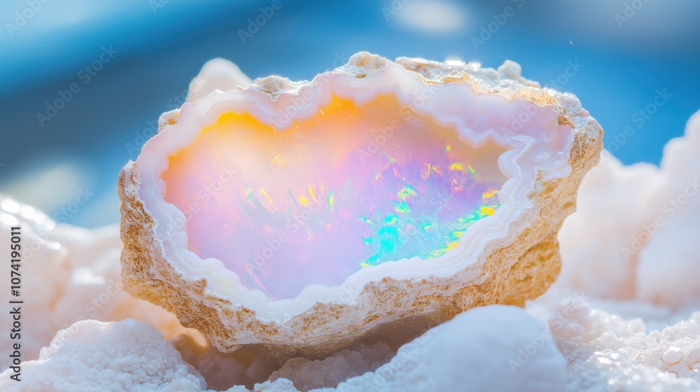 Glowing opal geode resting on textured surface with colorful reflections in natural light at a serene landscape Glowing opal geode resting on textured surface with colorful reflections in natural light at a serene landscape