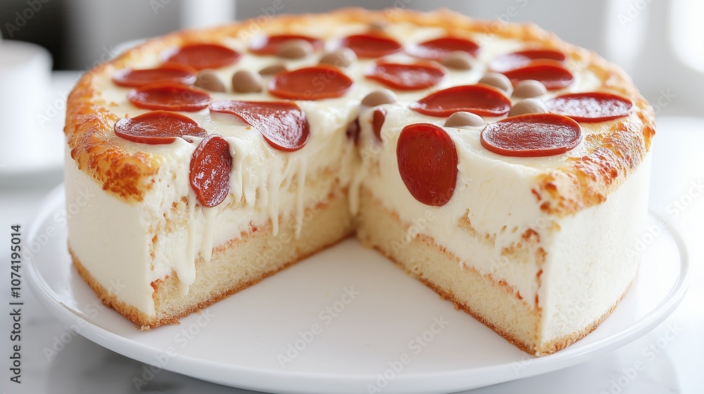 A delicious pepperoni cake with cheesy layers and a slice removed, served on a white plate in a bright kitchen setting A delicious pepperoni cake with cheesy layers and a slice removed, served on a white plate in a bright kitchen setting