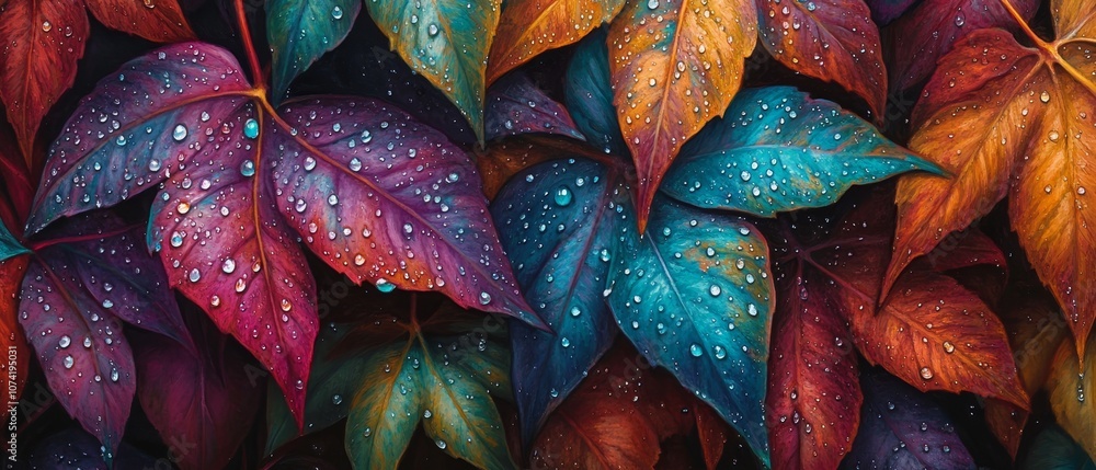 Red, green, and blue maple leaves with water droplets Red, green, and blue maple leaves with water droplets