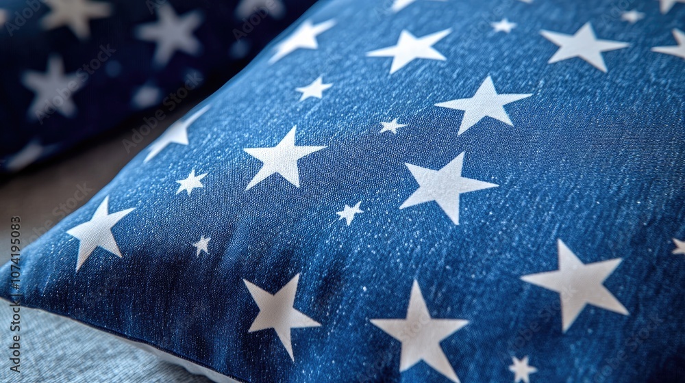 Trendy blue yachting pillow with white stars close up 3D rendering of interior accessories Trendy blue yachting pillow with white stars close up 3D rendering of interior accessories