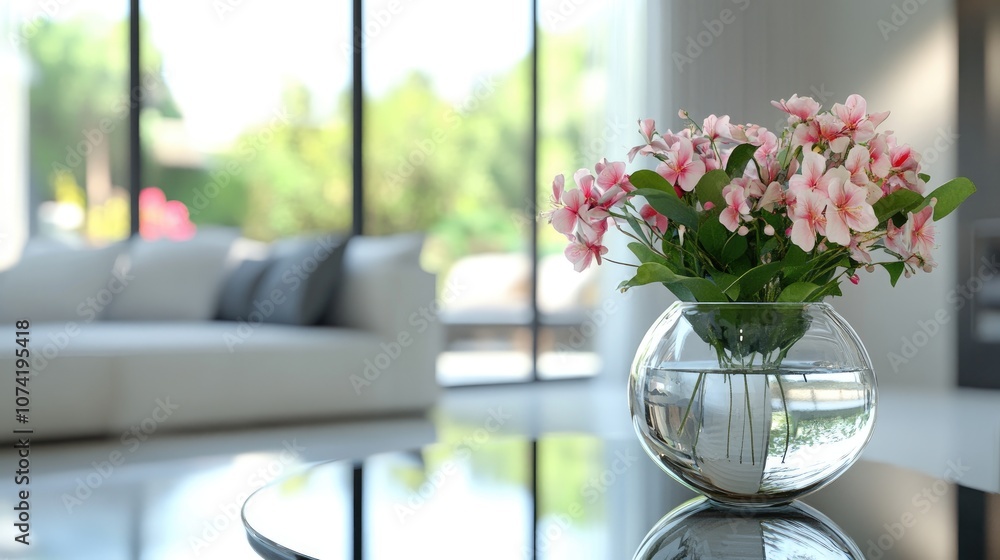 3D rendering of a flower filled glass vase on a glass table in a living space 3D rendering of a flower filled glass vase on a glass table in a living space