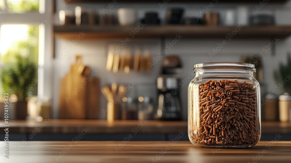 3D rendering of dark brown pasta stored in a glass jar in a kitchen setting 3D rendering of dark brown pasta stored in a glass jar in a kitchen setting