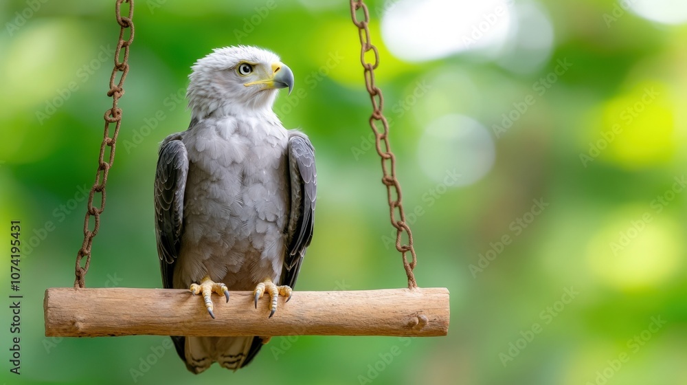 A majestic hawk perched on a wooden swing amid lush greenery during a sunny afternoon A majestic hawk perched on a wooden swing amid lush greenery during a sunny afternoon
