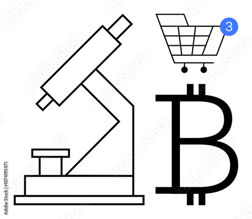 Laboratory microscope, Bitcoin symbol, and shopping cart with notification icon indicating three new items. Ideal for biotechnology, innovation, online shopping, cryptocurrency, research, digital