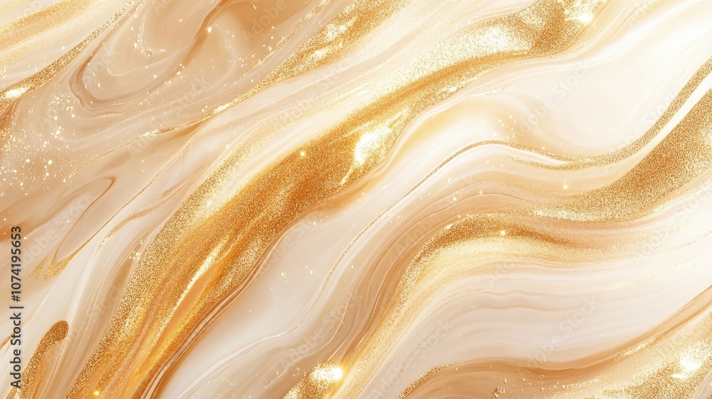 3D rendering of an abstract liquid marble canvas design featuring gold diagonal waves