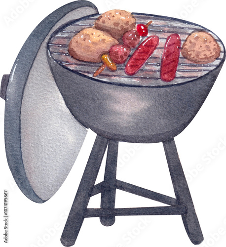 Hand-drawn BBQ grilling on a barbecue grill Watercolor