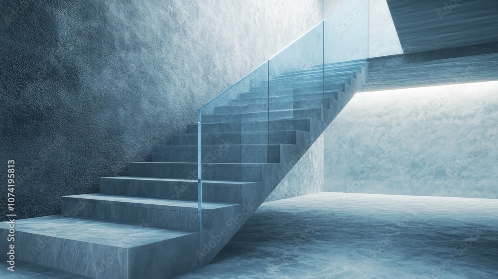 Obraz premium 3D rendering of stone stairs with glass railing in a modern interior showcasing a low angle view of the stairway with blue toned details