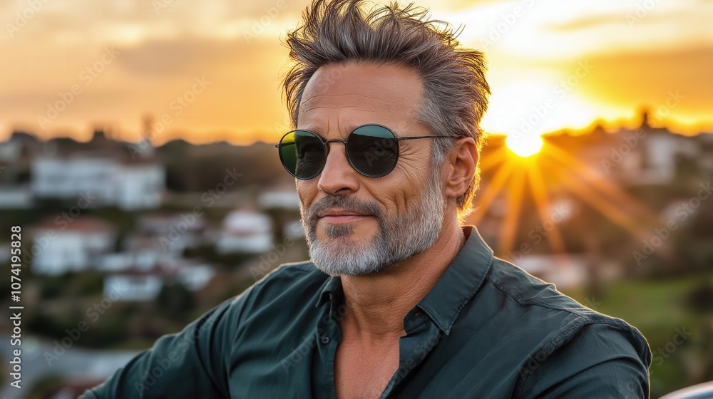 Man with stylish sunglasses enjoying a sunset view over a scenic landscape during golden hour Man with stylish sunglasses enjoying a sunset view over a scenic landscape during golden hour