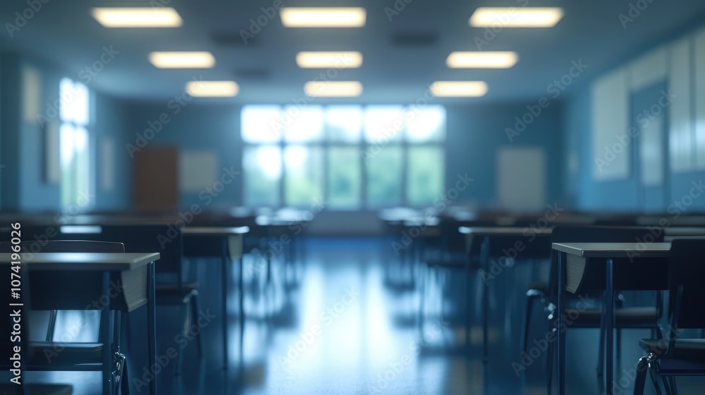 3D rendering of a blurred view of an empty classroom featuring desks and chairs 3D rendering of a blurred view of an empty classroom featuring desks and chairs