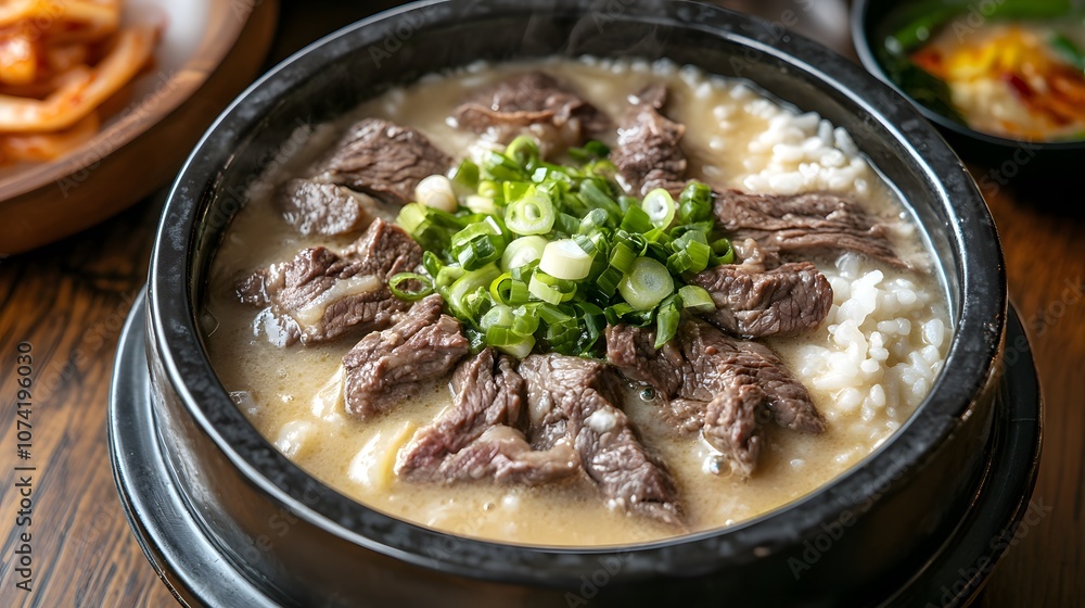 A bowl of seolleongtang, milky beef bone soup with slices of beef, rice, and green onions.
A bowl of seolleongtang, milky beef bone soup with slices of beef, rice, and green onions.