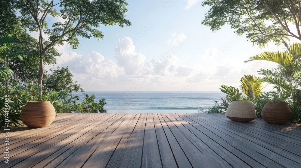 Obraz premium 3D rendering of a wooden deck with an ocean view