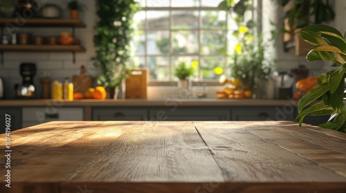 3D rendering of a table showcasing a product with a blurred kitchen background