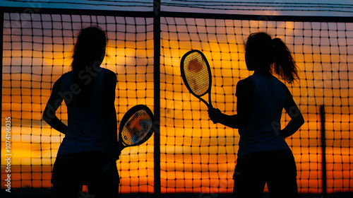 silueta de dos mujeres deportistas en la chancha de padel tenis jugando en una competencia deportiva estilo de vida deportivo photo