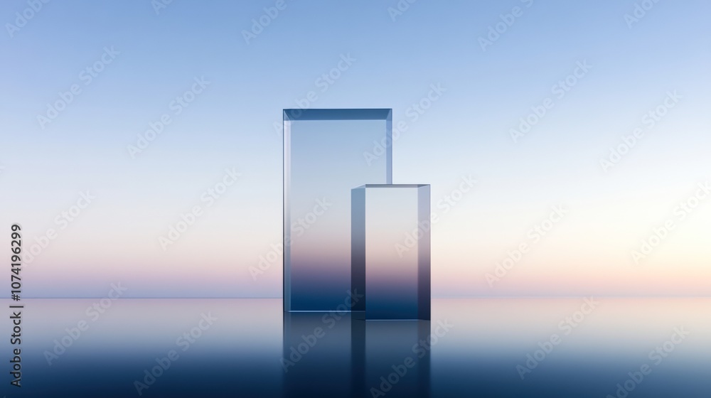 Two transparent rectangular prisms are elegantly positioned against a serene gradient sky and reflective surface, ideal for concepts like clarity, minimalism, and modern design, Two transparent rectangular prisms are elegantly positioned against a serene gradient sky and reflective surface, ideal for concepts like clarity, minimalism, and modern design,