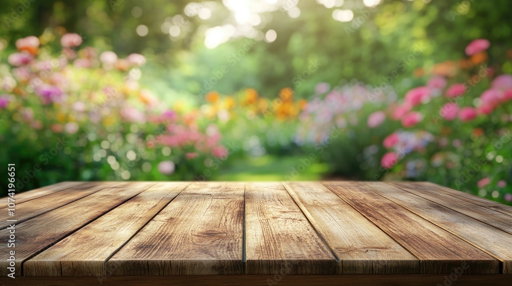 3D rendering of an empty wooden brown table with a blurred garden bokeh background ideal for product display or business presentations 3D rendering of an empty wooden brown table with a blurred garden bokeh background ideal for product display or business presentations