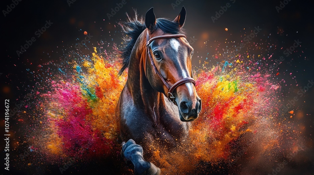 A dynamic horse emerging from vibrant splashes of color.