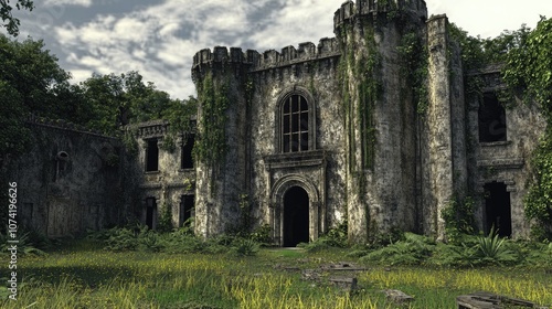 3D rendering of an abandoned nineteenth century military fortress showcasing its distressed stone construction enveloped by wild nature photo