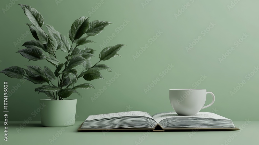 3D rendering of an open book with a coffee set showcasing a green concept and providing blank space for advertising 3D rendering of an open book with a coffee set showcasing a green concept and providing blank space for advertising