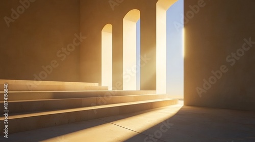 A serene interior featuring softly lit arches and steps, perfect for architectural themes, tranquility, or inspirational design contexts, Ideal for backgrounds, art projects, or real estate marketing photo