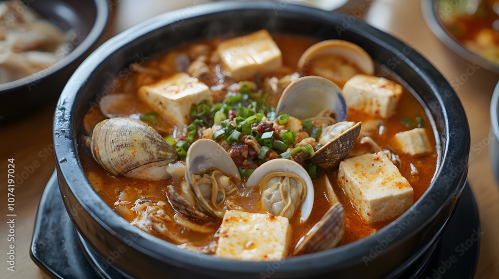 A bowl of soondubu jjigae, soft tofu stew with clams, pork, and vegetables in a spicy broth.
A bowl of soondubu jjigae, soft tofu stew with clams, pork, and vegetables in a spicy broth.