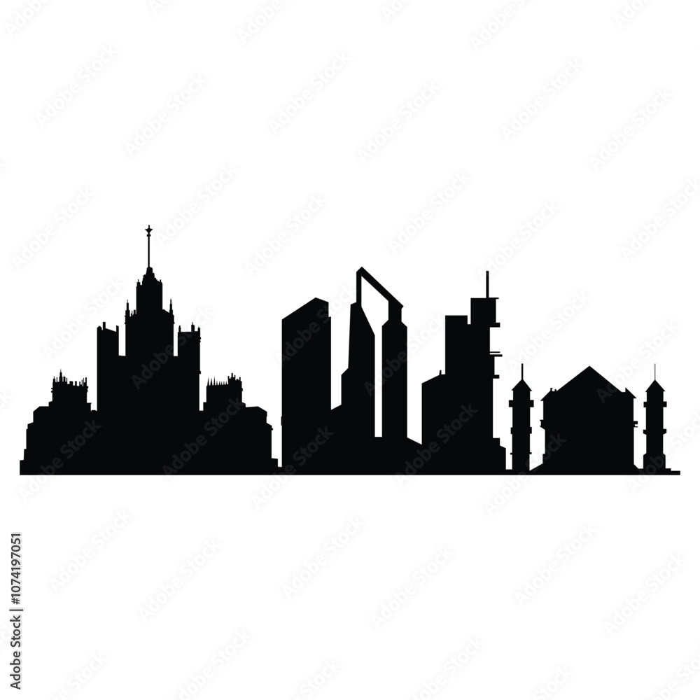 Fototapeta premium City silhouette land scape. City landscape. Downtown landscape with high skyscrapers. Panorama architecture buildings illustration. Urban life, Modern Cityscape