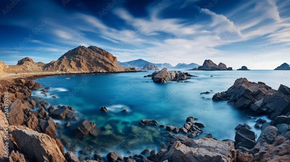 Serene coastal landscape with rocky formations and tranquil blue waters under a dramatic sky. Serene coastal landscape with rocky formations and tranquil blue waters under a dramatic sky.